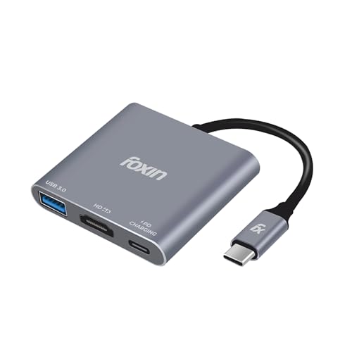 Foxin 3-in-1 Type-C to HDMI Adapter, Multiport USB-C Hub with 4K @ 30Hz HDMI, USB 3.0 @ 5Gbps, 100W PD Charging, Metal Body, Built-in Type-C Cable for MacBook, Laptops & Type-C Devices - C HUB 3