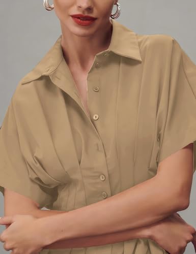 Image of Yeokou Shirt Dress for Women Summer Casual Short Sleeve Button Down Loose Pleated Maxi Sundress with Pockets