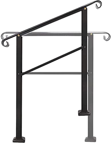 Handrails For Outdoor Steps,2 Step Handrail Fits 1 To 2 Steps Mattle Wrought Iron Handrail Stair Rail，Transitional Handrail With Installation Kit,Black Hand Rails For Outdoor Steps（2 Step） #TOP2