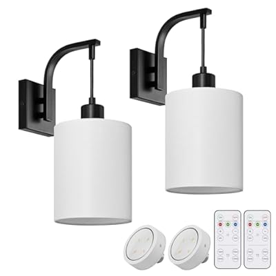 SURAIELEC Battery Operated Wall Sconces Set of Two, Wireless Sconces Wall Decor with Remote Control, 3 Color Temperatures, Dimmable Indoor Wall Lights for Living Room Bedroom, White Linen Shade