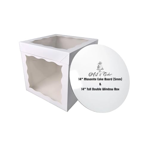 Art of Cake 14 Inch Round Masonite Cake Board & 2 Sided Window Tall Cake Box Combo - 5mm Thick Cake Drum with Matching Box - For Tiered Birthday Wedding Celebration Cakes (356mm)