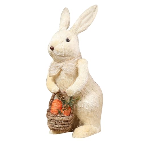 Kalttoy Adorno de conejo de paja de Pascua con cesta de zanahoria, hecho a mano, figura de conejo artificial de pie para decoración de muñeca