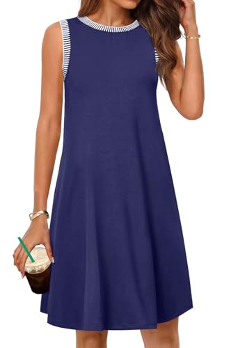 MEROKEETY Womens Casual Summer Sleeveless Tank Sun Dress, Navy, Plus Size