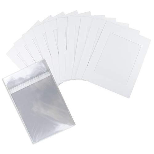 Golden State Art, 10 Pack Acid-Free Cardboard Frames, 11x14 Slip in Mats Pre-Adhesive Mat Board for 8x10 Photos, Paper Frames for Picture Holder, Includes 10 Clear Bags, Bright White