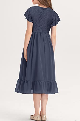 Mitilly Girls Elegant Lace Flower Crew Neck Ruffle Chiffon A-Line Flowy Birthday Party Midi Dress 12 Years Iron Blue #TOP3