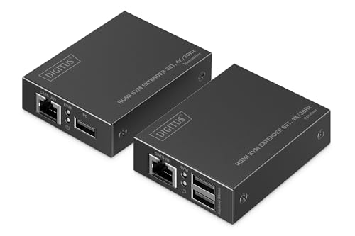 DIGITUS HDMI KVM Extender Set UHD 4k 30Hz 40m Reichweite HDMI 1.4 Ultra Low Latency Sender und Emfänger 2x USB für Maus und Tastatur PoC Punkt zu Punkt CAT 6 Schwarz