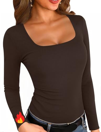 Aottori Camiseta Termica Mujer Manga Larga Basica Ropa Interior Cuello Cuadrado Elegante de Punto Blusas Shirt Elástico Sólido Casual Túnica Tops # Marrón S