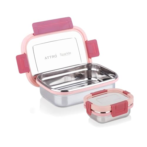Image of ATTRO Sparkle Medium Stainless Steel Lunch Box 2-Piece Set - 800ml + 150ml - Leak-Proof, BPA-Free, Compact & Durable - Ideal for Kids, Office, Travel - Peach