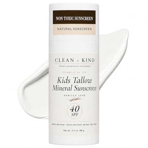 Clean + Kind Kids Sunscreen Mineral SPF 40 Vanilla — Non Toxic Baby & Toddler Sunblock with Non-Nano Zinc Oxide, Grass-Fed Tallow, Natural Reef-Safe Sun Lotion, No White Cast for Sensitive Skin