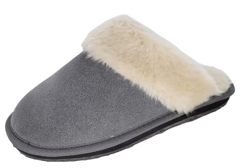 Image of Clarks Womens Open Back Suede Leather Comfort Clog Slipper JMS0583C - Plush Faux Fur Trim - Indoor Outdoor House Slippers For Women