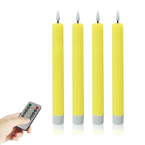 Image of Beeswax Honeycomb Flameless LED Taper Candles, 9.5 Inch Flickering Wax Candles with Remote & Timer, Yellow Battery Operated Dripless Tapered Candle for Home Wedding Decor, 4 Pack