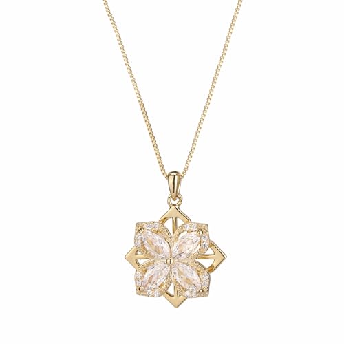 Collar con Colgante de Flor de trébol de Cuatro Hojas, Collar con Flor de Cristal Giratorio, Collar con Colgante de la Suerte con Flor de circón (Gold)