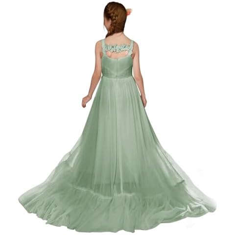 MCieloLuna Boho Flower Girl Dresses for Wedding Sleeveless Chiffon Long Princess Pageant Ball Gowns Lace Embroidery Boho Girl Dress Sage Size 12 Cover