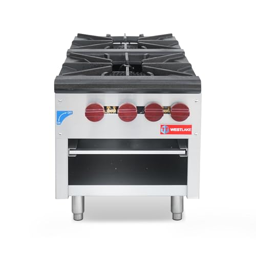 WESTLAKE Commercial Gas Stock Pot Range, 2 Burners Natural Gas and Propane Stove with 80000 X 2 BTU, 18" W Countertop Cooking Stove Range Commercial Stainless Steel Gas Stock Pot for Restaurant