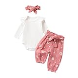 Sduydiosy Newborn Baby Girl Fall Clothes Long Sleeve Romper Pullover Tops Belted Daisy Print Pants Headband Set Infant Outfit (Pink Pants, 0-3 Months)