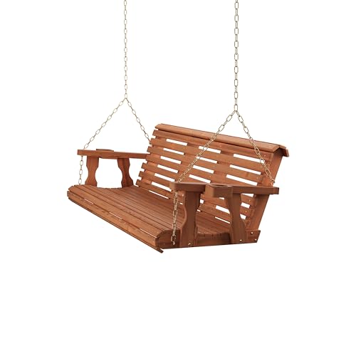 Image of Amish Casual Heavy Duty 700 Lb Capacity Porch Swing with Cupholders (6 Foot, Cedar Stain) - Wooden Outdoor Roll Back Swing with Hanging Chains - Amish Made in the USA
