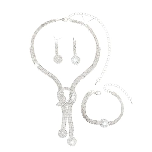 XFSRG Juegos de Joyas Mujer Glamour Brillante Colgante Collar Pendientes y Pulsera para La Novia Conjunto de Bisutería Mujeres Fiesta (Plata)