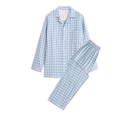 Mens Long Sleeve Pajamas Set Men Pjs Sets Soft Cotton Sets With Pockets Plaid Men's Button Down Sleepwear - Main Image