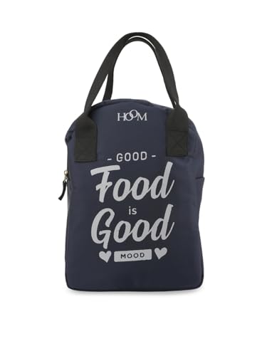 Image of HOOM Insulated Lunch Bag for Office Men, Women and Kids, Leak Proof Water Resistant Polyester Made Lunch Tiffin Bag with Quotes (Blue Good Food is Good Mood)