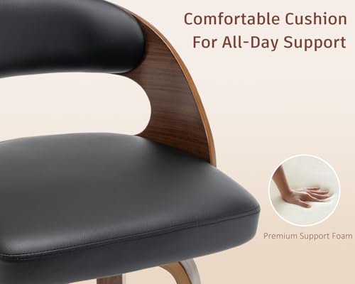 Image of AQG Swivel Bar stools Set of 4 Bar Chairs 30 inch Counter Height Mid-Century Modern Bentwood Barstool PU Leather Upholstered Bar Chair with Back and Footrest, for Bar, Cafe, Dining, Kitchen Island, Black
