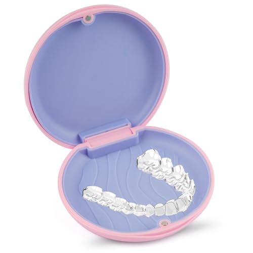 Maxmoc Zahnspangendose 1 Stück Zahnschiene Box Zahnprothesen Box Gebissdose Runden Prothesendose Tragbarer Zahnrettungsbox Zahnspangenbox mit Silikonpad für Reisen und täglichen Gebrauch(Rosa)