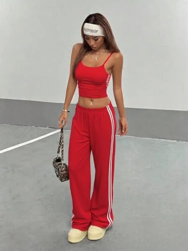 Image of THIRD QUADRANT Women's Wide Leg Track Pants for Women | Black with White Side Stripes | Drawstring Waist (in, Alpha, L)