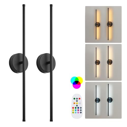 Battery Operated Wall Sconces Set of Two, with Remote Control, Dimmable, Warm White/Natural White/Daylight/RGB, 350Rotate, LED Black Wireless Wall Light for Living Room, Bedroom, 24.4 Inch