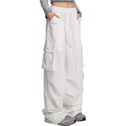SANGTREE Women's Drawstring Elastic Waist Ruched Baggy Cargo Pants Hip Hop Streetwear, White, X-Large2