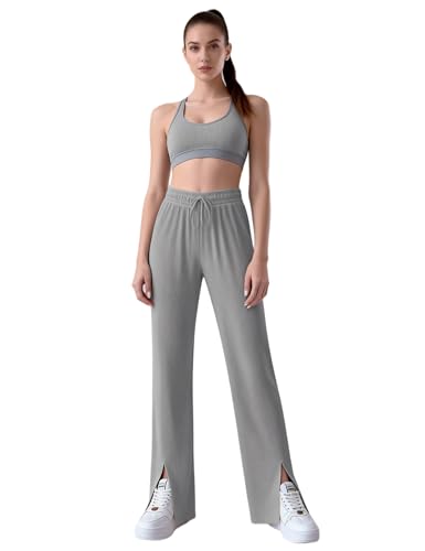 Image of Venzina Track Pants for Women Joggers Pants for Women Cool Touch High Waisted Wide Leg Summer Palazzo Pants with Side Slit Slimming Breathable for Yoga Workout Travel