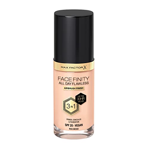 Max Factor Facefinity 3-in-1 All Day Flawless Liquid Foundation, SPF 20 - 55 Beige (Packaging May Vary)