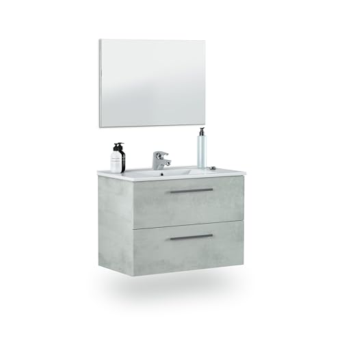 duehome | Mueble de Baño con Dos Cajones y Espejo, Modulo Lavabo, Modelo Osvak, Acabado en Gris Cemento, Medidas 80 cm (Ancho) x 57 cm (Alto) x 45 cm (Fondo)