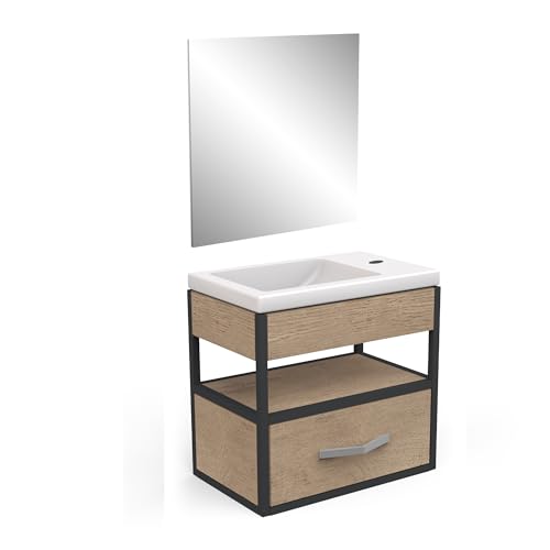 Demeyere - Mueble Lavabo con Espejo y 1 cajón de Madera ecológica, Color Roble Hamilton y Acabados Negros, 25 x 27 x 40, 3 cm