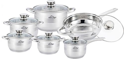 SMHLINE® 12-tlg Topfset Töpfe Set induktionsgeeignet Kochtopf Set Pfannen Edelstahl Kochgeschirr Pfannenset Glasdeckel Küchensets Bratpfanne