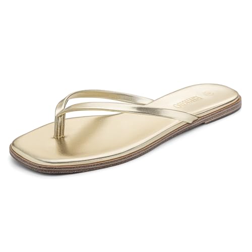 Image of Rihero Flip Flops for Women Comfortable Square Toe Beach Sandals Slip On Leather Thong Flat Sandals Dressy