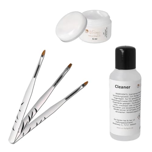 Sun Garden Nails UV Nagelgel Set – Builder Gel klar 5 ml + Cleaner 100 ml + 3-teiliges Pinselset – selbstnivellierendes Aufbaugel – für UV/LED Lampe