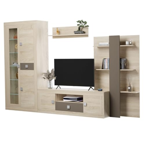 Somnia - Mueble de Salón Moderno con Leds, Módulos de Comedor, Modelo Toronto, Acabado en Cambria y Choco, Medidas: 300 cm (Ancho) x 200 cm (Alto) 40 cm (Fondo)