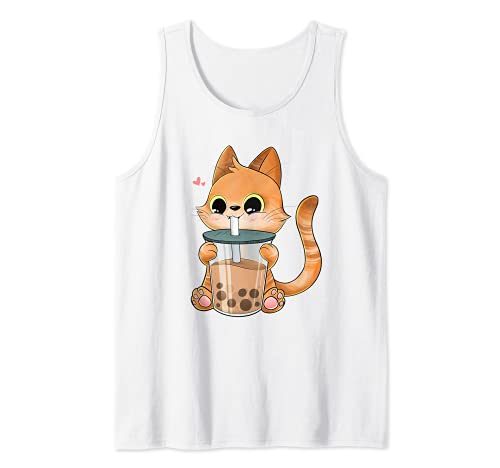 Bubble Tea Kawaii Cat Kids Men Girls Manga Anime Lover Camiseta sin Mangas