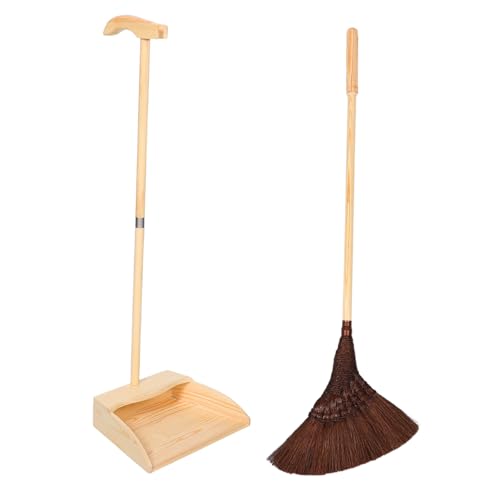 Healifty 1set Broom and Dustpan Set - Wooden Long Handle Heavy Duty Dustpan Broom Standing Broomstick Dust Pan Floor Cleaning Tools for Kitchen Garage Home
