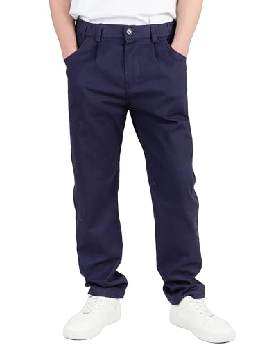 CAMLAKEE Kinder Chinohose Jungen Chino Stoff Hose mit Gummizug Reißverschluss Straight Fit Jungshose Navy DE: 170-176 (Herstellergröße 180)