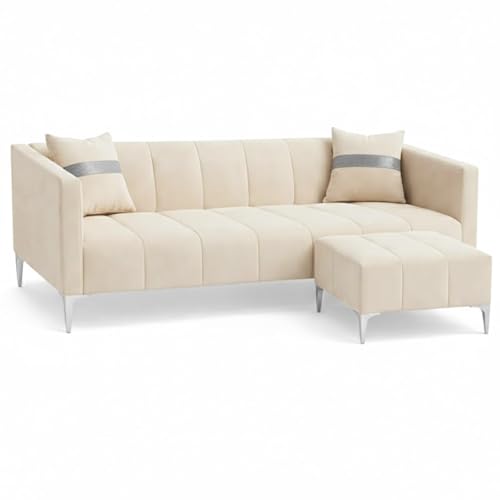 Image of Solomon 4 Seater L Shape Sofa Set with Movable Ottoman | Flexible Left or Right Layout | Luxe Velvet Suede Fabric | Comfortable Seating | Modern Sofa for Living Room - Cream