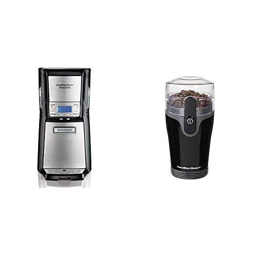 Hamilton Beach (48465 Coffee Maker with 12 Cup Capacity Black & Fresh Grind 4.5oz Electric Coffee Grinder for Beans, Spices and More, Stainless Steel Blades, Black,80335R