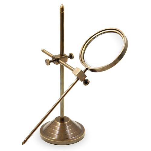 Antique Brass Adjustable Stand Magnifier – Vintage Desktop Magnifying Glass with Protective Base for Reading, Crafts, and Office Décor