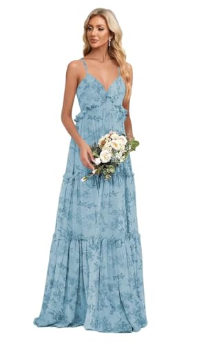 MYDRESS Long Chiffon Spaghetti Straps Ruffle Bridesmaid Dresses Floral Blue for Women 2026 V Neck Tiered Corest Empire Waist Cocktaiil Dress US4