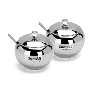 Sumeet Stainless Steel Ghee and Oil Pot, Storage Conrainer with Spoon for Kitchen, 8.5cm Dia, 230ML - Silver (Pack of 2)