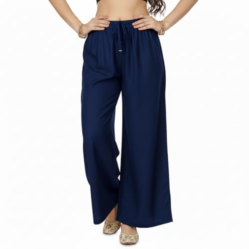 Image of Women's Rayon Palazzo Pants | Solid Color Wide Leg Trousers in 18 Shades | Elastic Waist Casual Bottoms XS-7XL | Comfortable