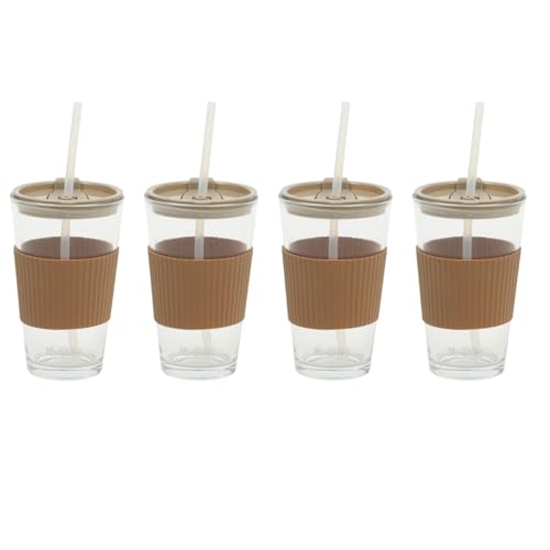 Mr. Coffee Sip Savvy 4-Pack 15oz Latte Brown Glass Tumblers with Lids and Straws – Reusable Iced Coffee Cups – Dishwasher Safe – To-Go Drinkware Water Glasses