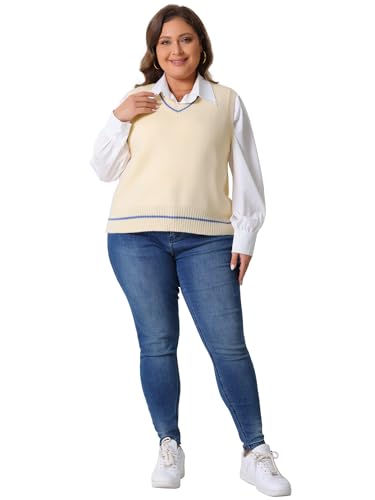 Image of Agnes Orinda Plus Size Sweater Vest for Women V Neck Stripe Cable Knit Sleeveless Pullover Sweater Vest