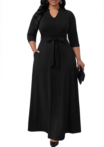 Image of FANDEE Maxi Dress for Women, Casual V Neck 3 /4 Sleeve Long Dresses with Pockets