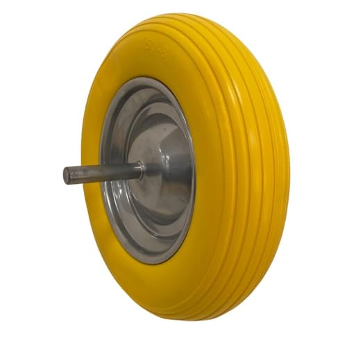 KEROPPA Rueda Maciza para Carretilla, Eje 1,9 cm, Con Llanta y Eje Metálico, Rueda Anti Pinchazos, Caucho, Diámetro de 37 cm, Resistente, Duradera, Amarillo