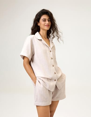 Image of BESTOUCH Womens Pajama Sets: 100% Cotton Muslin Linen Feel | Button Soft Comfy Breathable Classic Sleep Pjs 2 Piece
